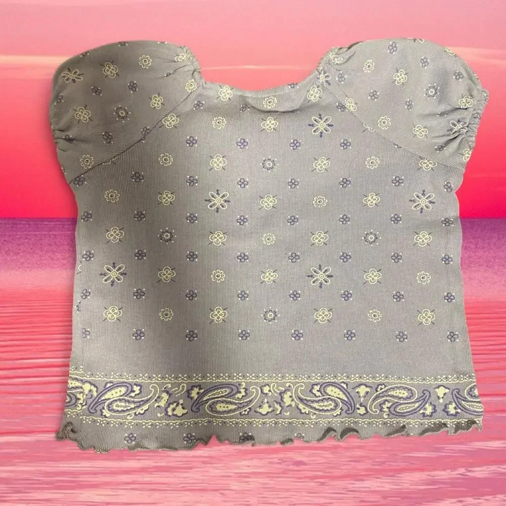 Y2K Purple Babydoll Paisley Top